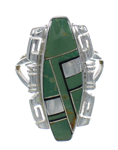 Southwestern Turquoise And Jet Inlay Sterling Silver Ring Size 8-1/4 AX82393